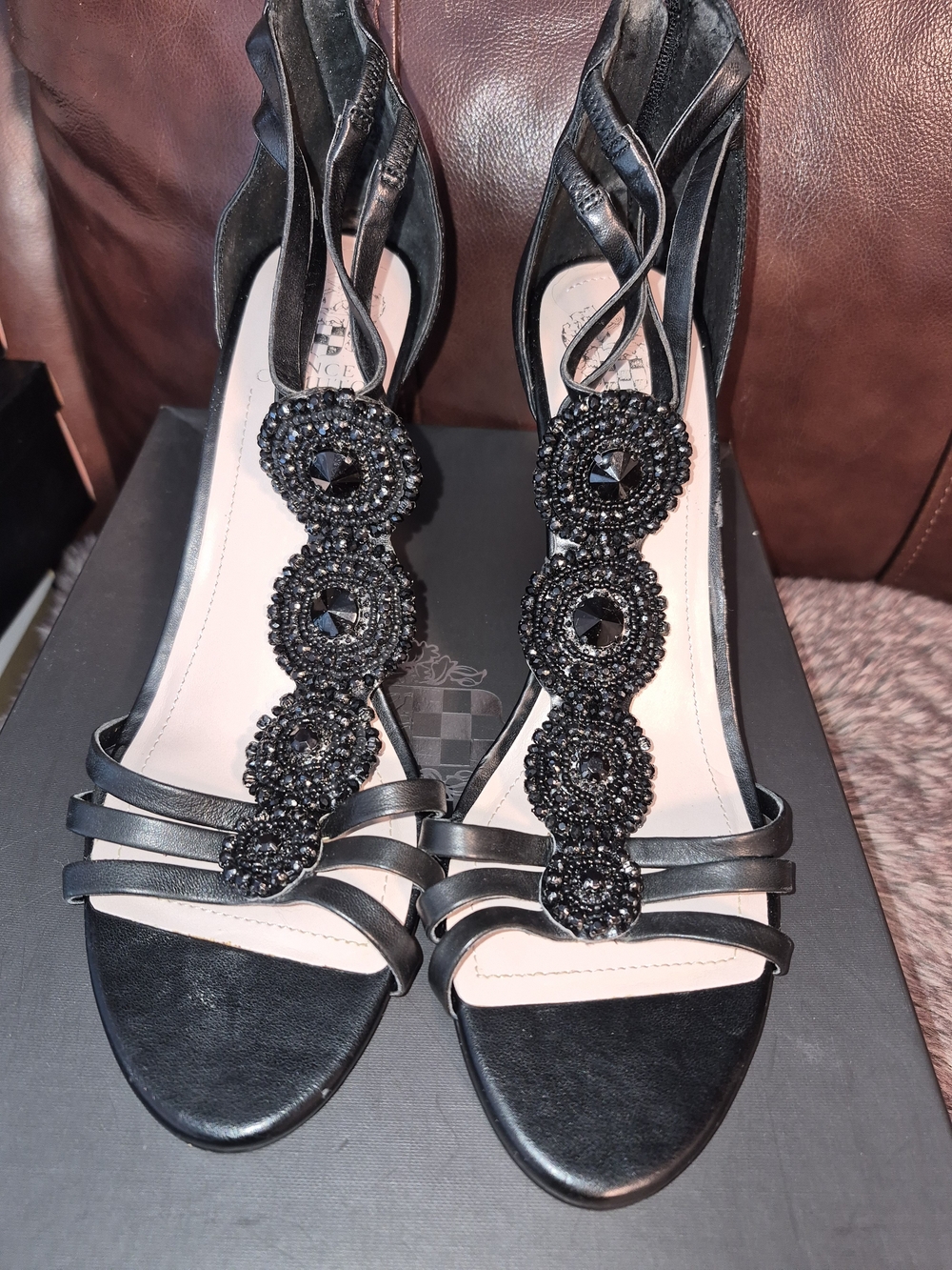 Vince Camuto Black Beaded T-Strap Dress Heels